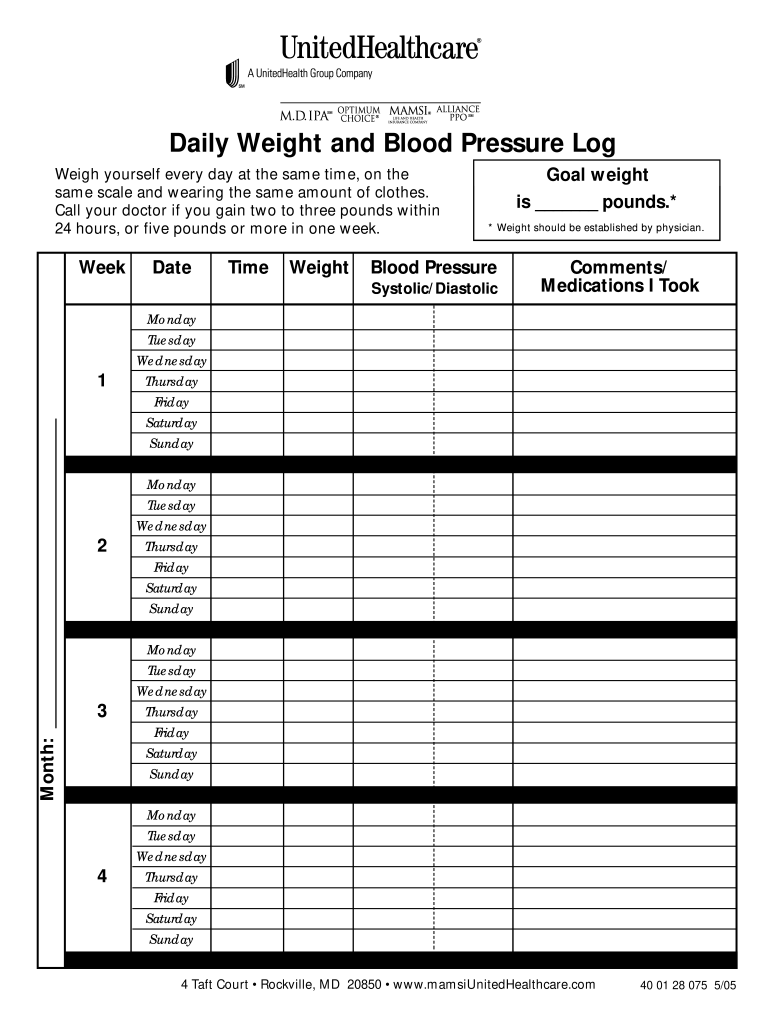 Printable Blood Pressure And Weight Log Fill Online Printable 