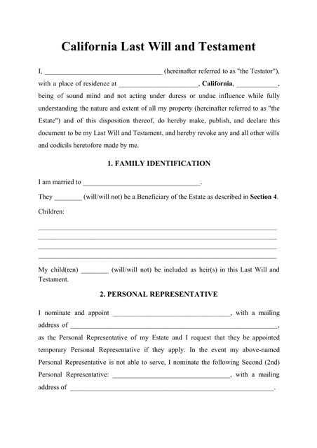 Printable California Last Will And Testament Free Template Printable 