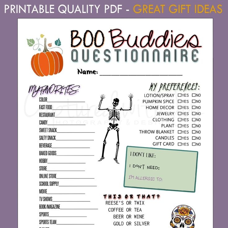 Printable PDF Boo Buddies Questionnaire For Halloween Theme Gift 