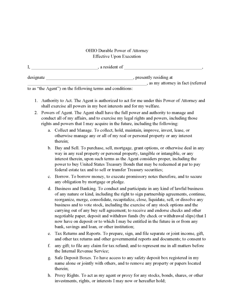 Printable Power Of Attorney Form Ohio