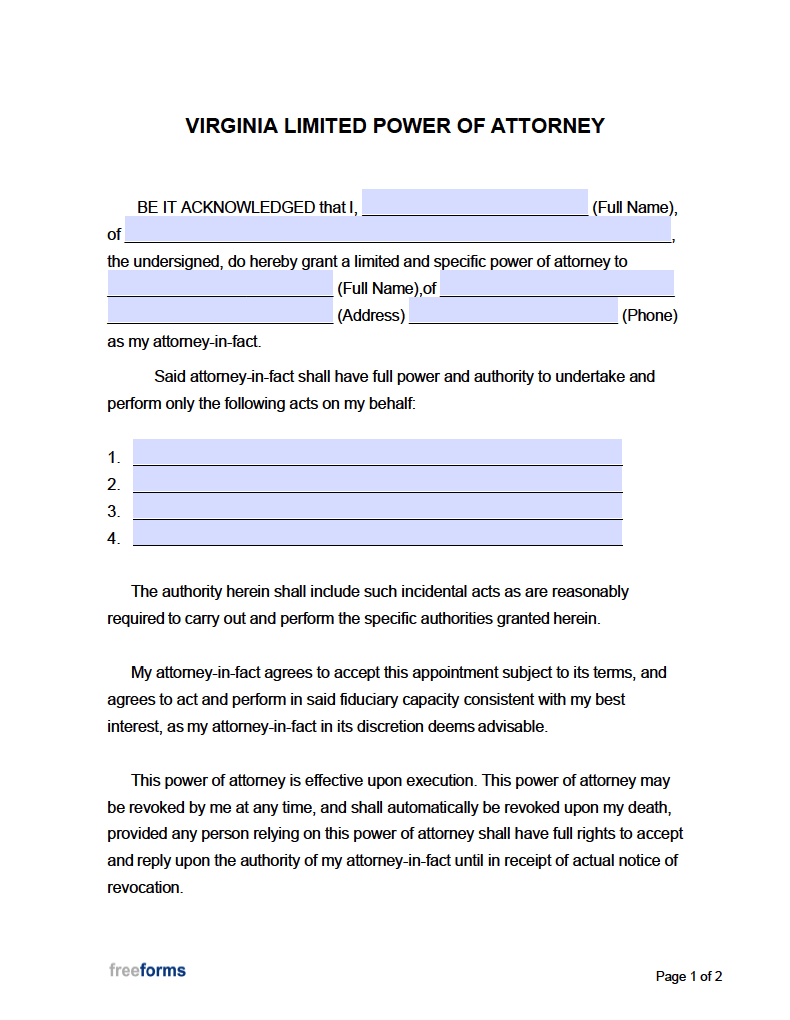 Printable Power Of Attorney Form Virginia