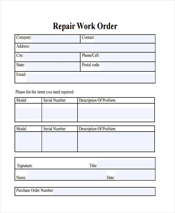 Printable Repair Orders Shop Fresh