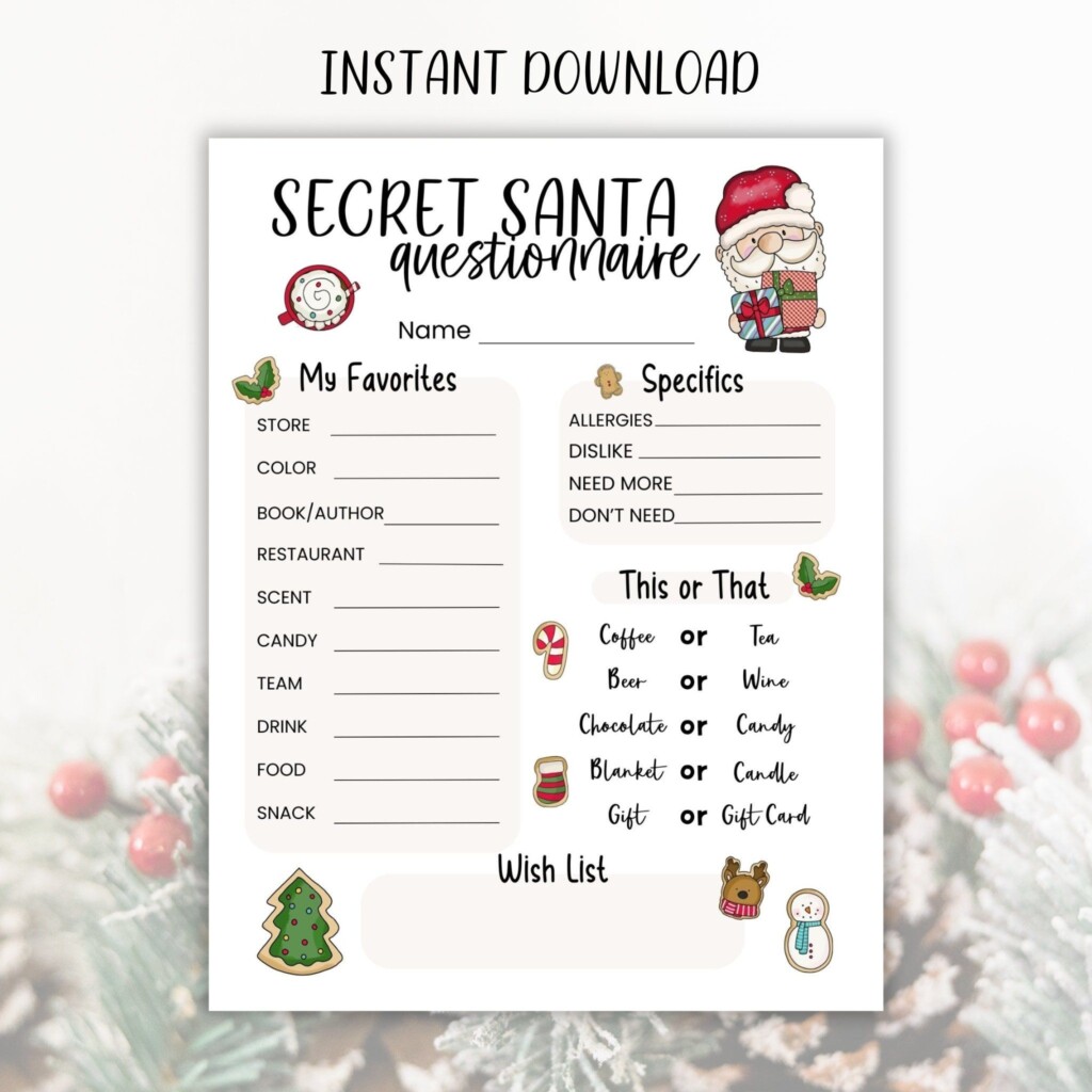 Printable Secret Santa Questionnaire Christmas Holiday Gift Exchange 