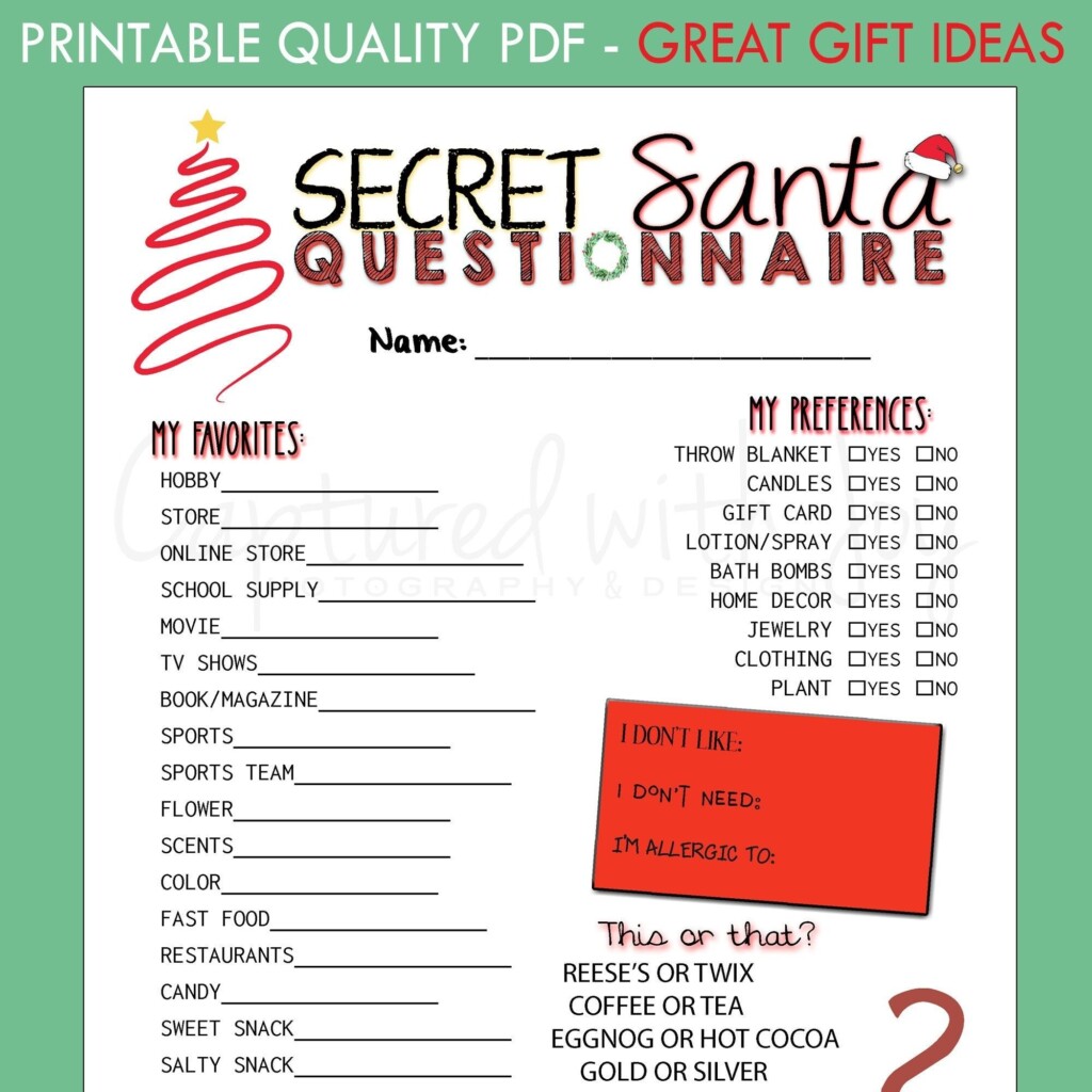 Printable Secret Santa Questionnaire Educational Printable Worksheets