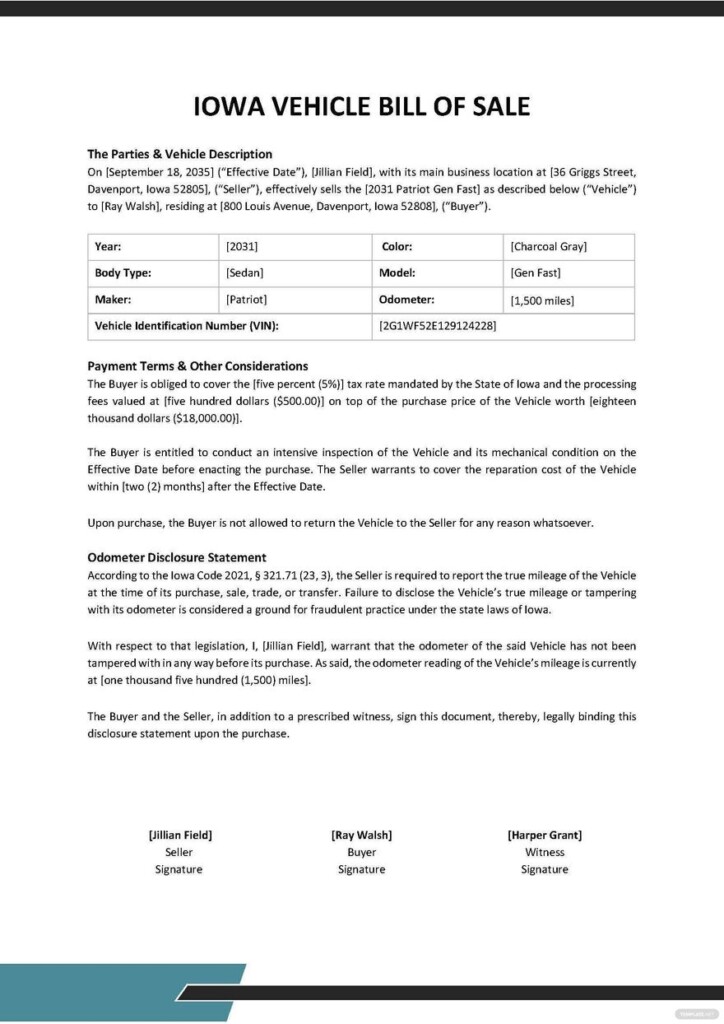 Printable Vehicle Bill Of Sale Iowa Printable Free Templates