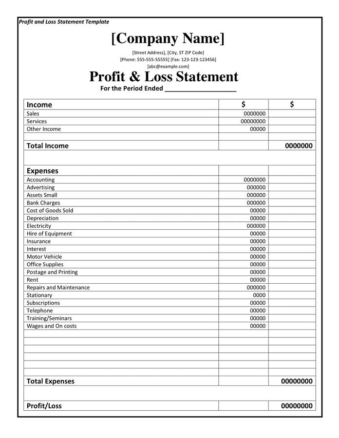 Profit And Loss Statement Printable