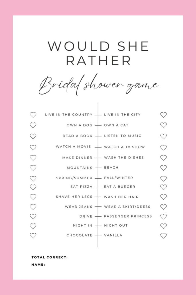  quot Would She Rather quot Bridal Shower Game Free Printable Simple Bridal 
