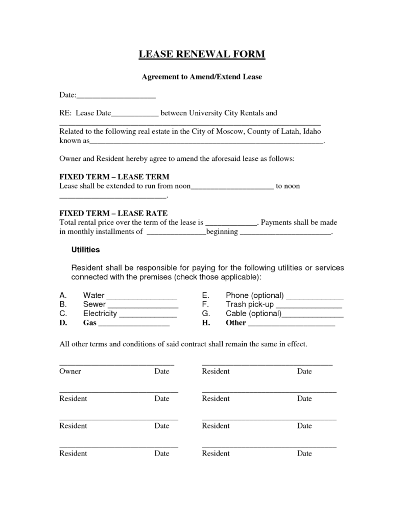 Residential Lease Renewal Form Free Printable Documents