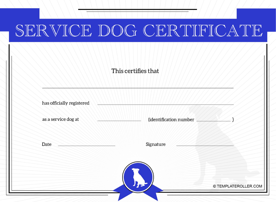 Service Dog Certificate Template Blue Download Printable PDF 