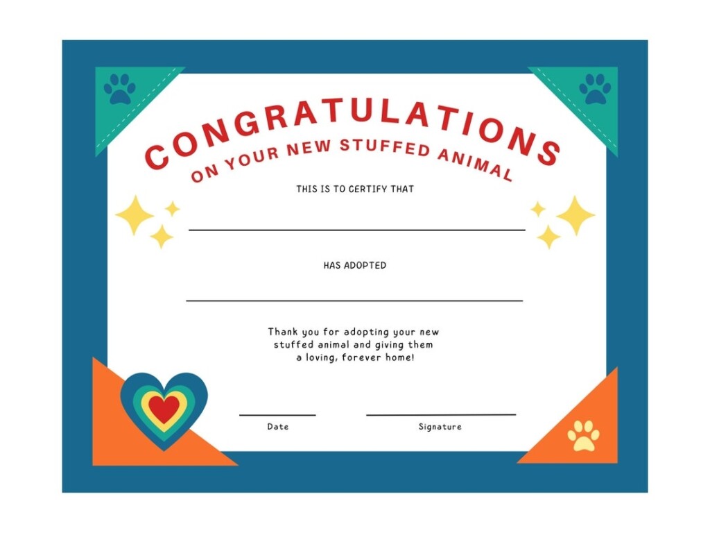 Stuffed Animal Adoption Certificate For Kids CANVA Template Also PDF 
