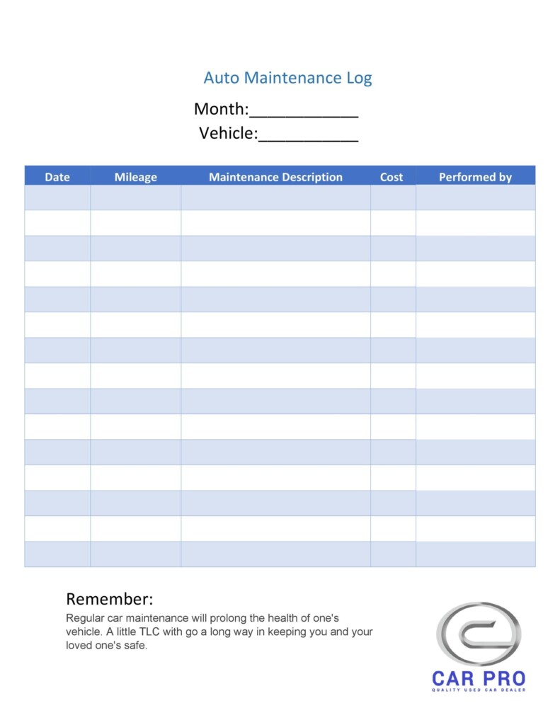 Vehicle Maintenance Log Free Printable