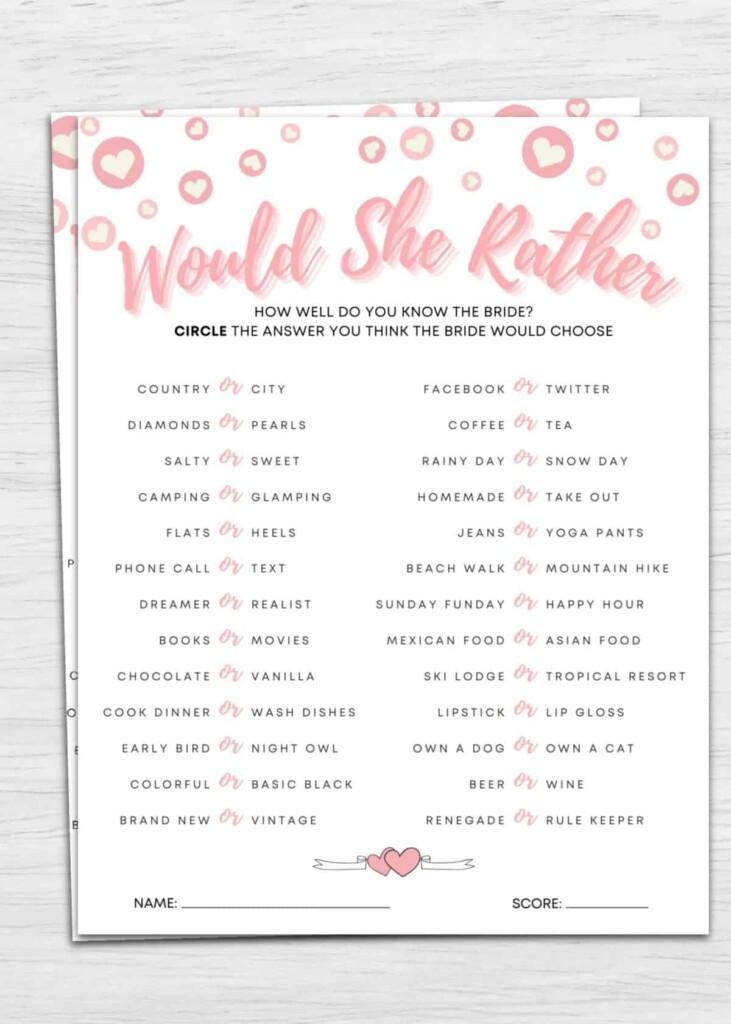 Would She Rather Printable Bridal Shower Game